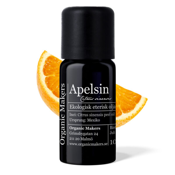 Apelsin eterisk olja, ekologisk, i uv-skyddande glasflaska.