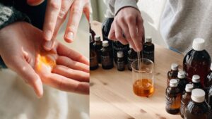 Blandning av kroppsoljor i en laboratorieglasbägare