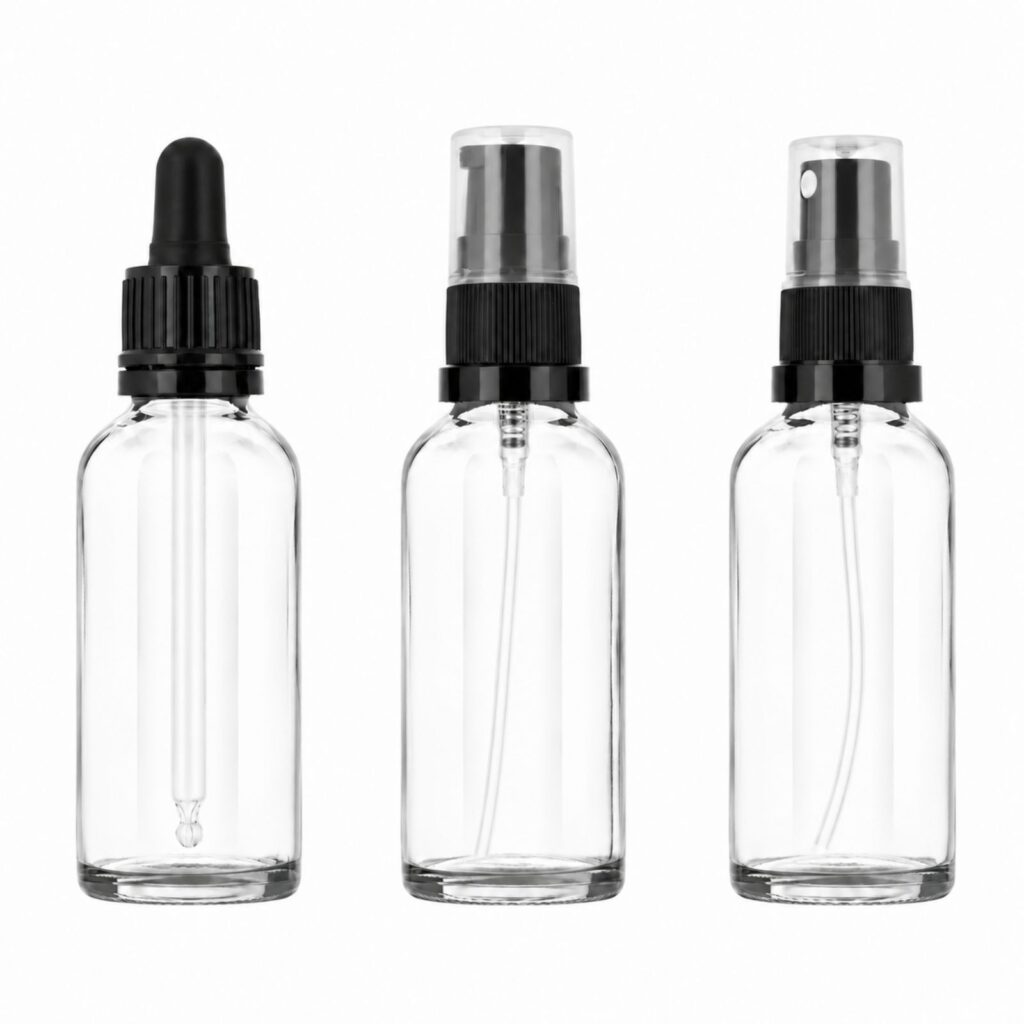 Glasflaskor klara med pipett- pump- resp. spraykork