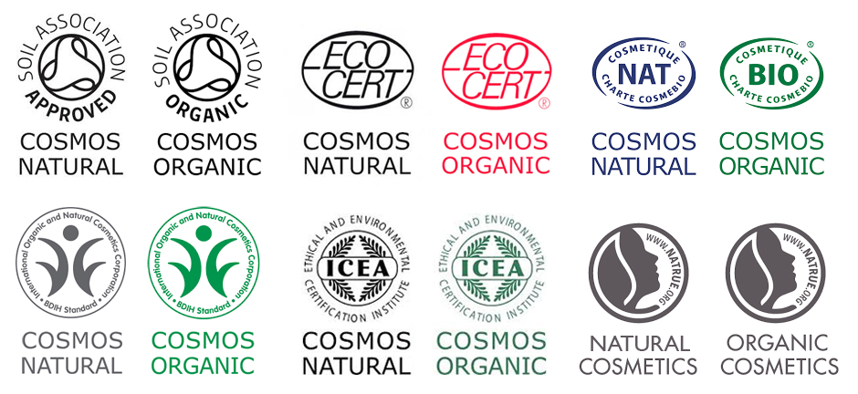 symboler med ekocertifieringar under cosmos och natruestandarden