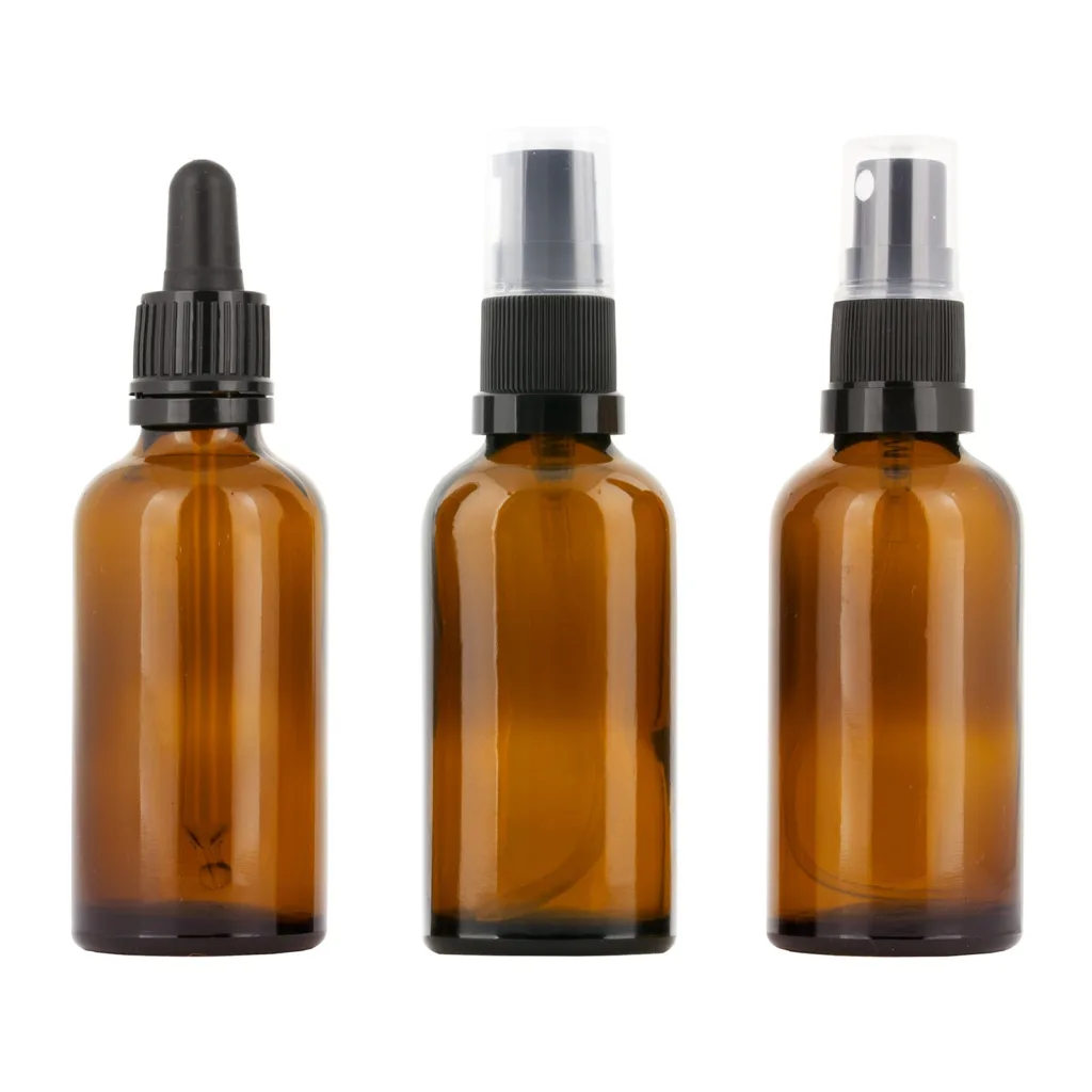 Brun pipettflaska. brun glasflaska 50 ml med pump eller spray