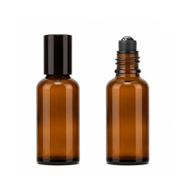 Brun glasflaska 50 ml med rollerkork i glas