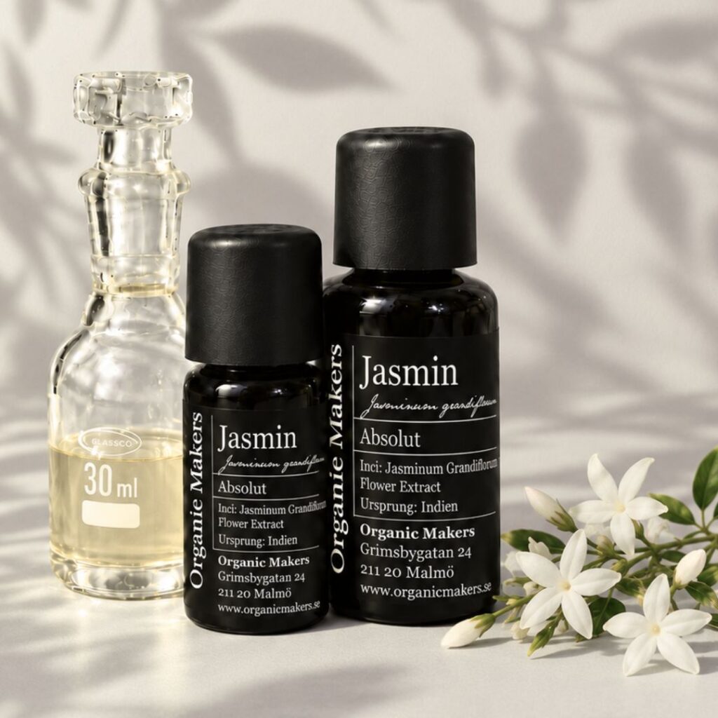 Jasmin absolut i uv-skyddande glasflaskor bredvid en glaskaraff med olja, med vita jasminblommor