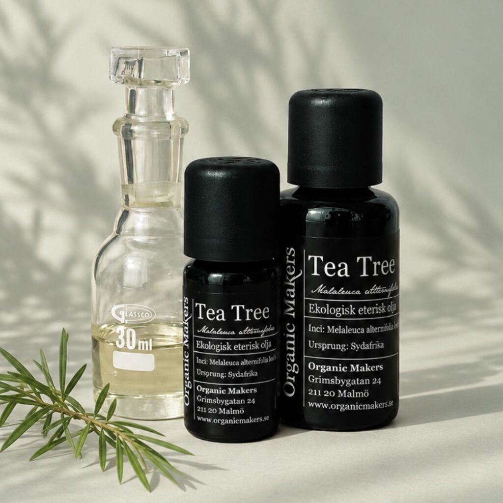 Ekologisk eterisk olja Tea Tree i uv-skyddande glasflaskor bredvid en glaskaraff med olja, med en kvist tea tree